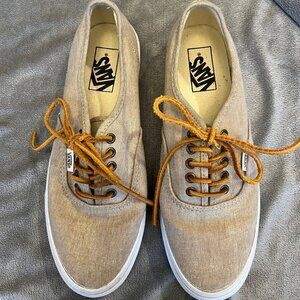 Women's Tan Canvas Vans with leather laces, Size 9